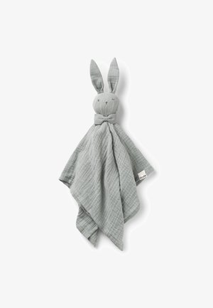 Morbidissima copertina grigia per bambini con testa di coniglio, occhi ricamati, papillon e corpo in tessuto arricciato.