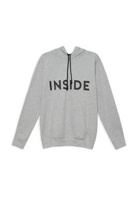 Sudadera con capucha gris, con un bolsillo tipo canguro en el frente, que presenta la palabra "INSIDE" en letras negras en negrita. Cierre con cordones en la capucha.