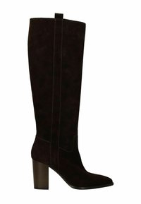 Knee-high donkerbruine suède laarzen met een vierkante neus, een blokhak van 7,5 cm en contrasterende stiksel details. Heeft een trekband aan de bovenkant.