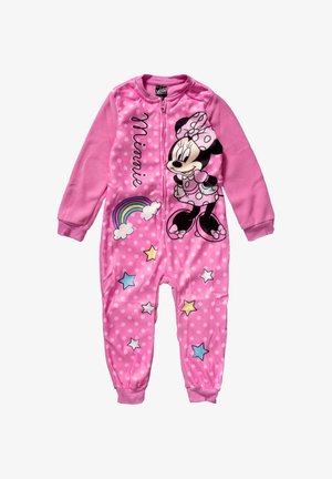 Pink fleece onesie featuring polka dots, printed Minnie Mouse design, rainbow, and colorful stars. Zipper front and elastic cuffs.
