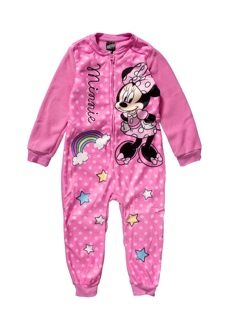 Vaaleanpunainen fleece-yhdistelmä, jossa on pilkkuja, painettu Minnie Mouse -kuvio, sateenkaari ja värikkäitä tähtiä. Vetoketjukiinnitys edessä ja elastiset hihansuut.