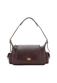Bolso de hombro de cuero marrón con solapa. Presenta herrajes dorados, una forma estructurada y bolsillos laterales para mayor funcionalidad.