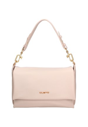 Borsa a tracolla rettangolare beige con tracolla regolabile e dettagli in metallo tono oro, caratterizzata da una patta frontale ripiegata e un piccolo logo dorato sulla parte anteriore.