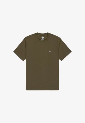 Olive green cotton t-shirt with a crew neckline and short sleeves. Features a small logo on the chest and a straight hem.
