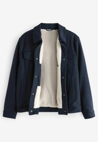 Navy jacket with a soft, cream fleece lining, snap buttons, and two chest pockets. Features a classic collar and side pockets.