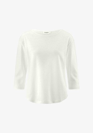 Weißes Oberteil mit Dreiviertelärmeln und rundem Halsausschnitt. Hergestellt aus einem weichen Material. Verfügt über eine lockere Passform und einen leicht abgerundeten Saum.