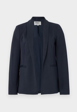 Sötétkék női blézer sállal hajtókával, hosszú ujjakkal és két első paszpólzsebbel, nyitott fazonban.