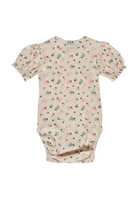 Kortærmet creme bodystocking med puffede ærmer, prydet med et blomstermønster i pink og grøn. Fremstillet af blød, ribbet stof.