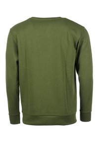 Olive green long-sleeve sweatshirt, ribbed texture, round neckline, and cuffed sleeves with a straight hem and no visible logos or patterns.