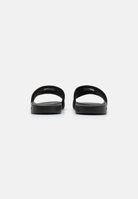 Svarte sklippersandaler med minimalistisk design, teksturerte stropper og en glatt, flat såle. Bakviewet viser den åpne hælen og stroppens plassering.