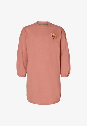 Vestido de manga larga color rosa empolvado con escote redondo, puños fruncidos y bordado floral en la parte superior izquierda del pecho.