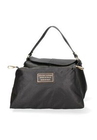 Sac à main en cuir noir avec pochette avant détachable portant l'inscription « Cuir véritable, fabriqué en Italie », équipé d'une bandoulière unique.