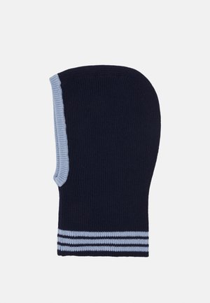 Cagoule en maille bleu marine avec une bordure bleu clair autour de l'ouverture du visage et trois bandes bleu clair près du bord inférieur.