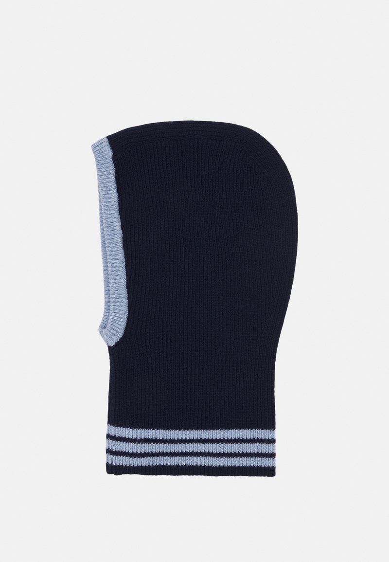 Cagoule en maille bleu marine avec une bordure bleu clair autour de l'ouverture du visage et trois bandes bleu clair près du bord inférieur.