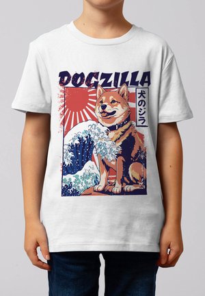Shiba Inu Hund sitzt vor einer stilisierten großen Ozeanwelle und einer roten Sonne mit Strahlen, Text "DOGZILLA" und japanische Zeichen.
