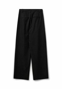 Black, wide-leg trousers featuring a vertical pinstripe pattern. Designed with a flat front, two back pockets, and belt loops.