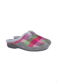 Zapatillas de cuadros grises y rosas con ribete gris de peluche, parte superior de tela suave y suela texturizada para un buen agarre. Diseño de talón abierto para un uso fácil.