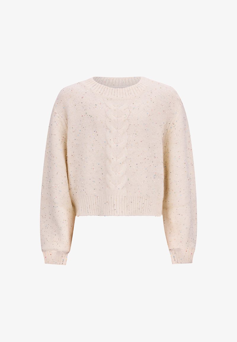Crème-kleurige cropped trui gemaakt van gestructureerde brei-stof, met een kabelpatroon in het midden en kleurrijke spikkels verdeeld over de stof.