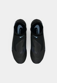 Pair of black Nike Phantom Vision soccer shoes with light blue swoosh logos viewed from above on a white background.