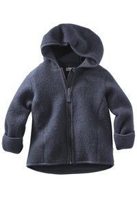 Veste en polaire à capuche navy avec une fermeture éclair complète, des poignets côtelés et une texture douce. Présente des coutures décoratives le long des seams.