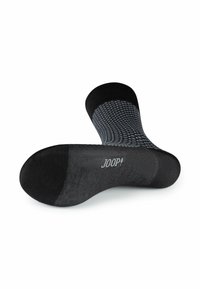 Czarne skarpetki z fakturowanym szarym wzorem, z jednolitym czarnym palcem i białym logo "JOOP!" na podeszwie. Gładki dziany materiał.