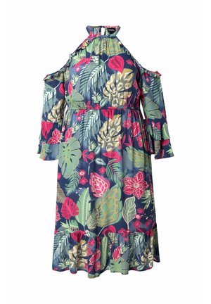 Šaty s květinovým potiskem v námořnické modři s designem odhalených ramen, volánkovými rukávy a vrstveným lemem. Obsahují živé vzory v zelené, růžové a bílé barvě.
