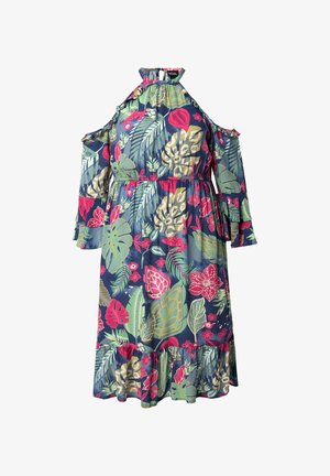 Abito a stampa floreale di colore navy con design a spalle scoperte, maniche a volant e orlo a strati. Presenta vivaci motivi verdi, rosa e bianchi.
