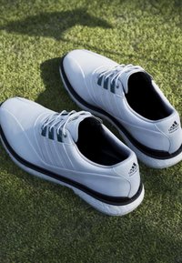 Bílé sportovní boty s lesklým povrchem, se třemi zelenými pruhy, černou podrážkou a texturovanou bílou mezipodrážkou. Umístěné na zelené trávě.