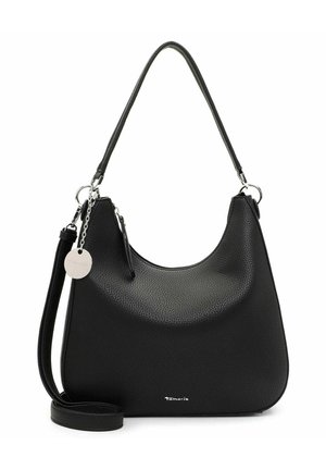 Sac à main en cuir noir texturé avec une anse supérieure unique, une bandoulière détachable, une fermeture éclair argentée et une étiquette de marque ronde en métal.