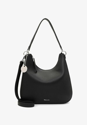 Sac à main en cuir noir texturé avec une anse supérieure unique, une bandoulière détachable, une fermeture éclair argentée et une étiquette de marque ronde en métal.