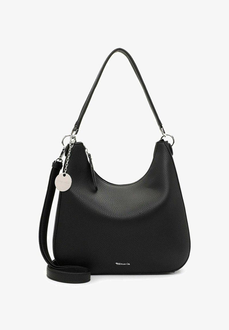 Sac à main en cuir noir texturé avec une anse supérieure unique, une bandoulière détachable, une fermeture éclair argentée et une étiquette de marque ronde en métal.
