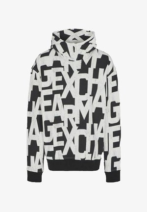 Felpa con cappuccio caratterizzata da un audace motivo testuale astratto in bianco e nero, realizzata in tessuto morbido con una vestibilità comoda e polsini a costine.