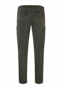 Dark green cargo pants made of cotton blend, featuring multiple pockets, a straight leg design, and stitched detailing.