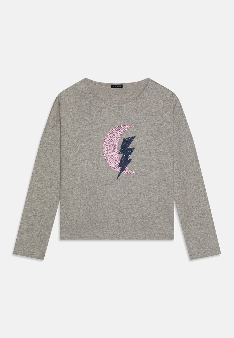 T-shirt cinza de manga longa com um decote redondo, apresentando um design de raio rosa e azul-marinho e uma lua crescente feita de lantejoulas na frente.