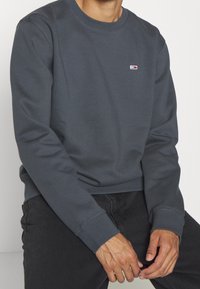 Sudadera gris de mezcla de algodón, diseño de cuello redondo, con puños y dobladillo acanalados, que presenta un pequeño logo en el pecho.
