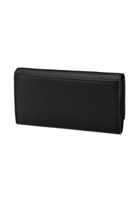 Portefeuille en cuir noir avec une surface texturée, de forme rectangulaire et bords cousus. S'ouvre pour révéler plusieurs emplacements pour cartes et compartiments.