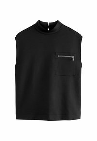 Zwarte mouwloze top met een hoge hals, voorzien van een voorkeep met een ritssluiting, gemaakt van glad, zacht materiaal. Rechte onderzoom.