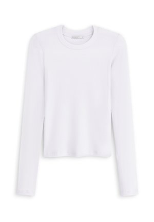 Biała, długosleeve'owa bluzka z ribbowanej tkaniny, z okrągłym dekoltem i bocznymi rozcięciami, wykonana z miękkiego materiału. Prosty design bez wzorów i akcentów.