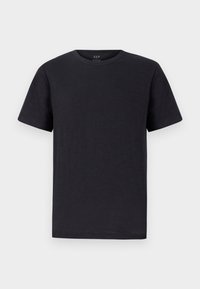 Schwarz T-Shirt aus weichem, leichtem Stoff mit klassischem Rundhalsausschnitt und kurzen Ärmeln. Einfaches, schlichtes Design ohne Muster oder Akzente.