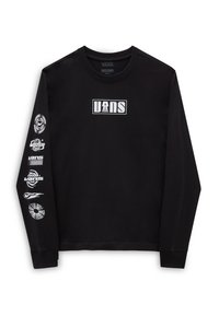 Černé dlouhé rukávy tričko s bílým logem "VANS" na hrudi. Rukávy zobrazují různé grafické designy. Tkanina vypadá hladce a jemně.
