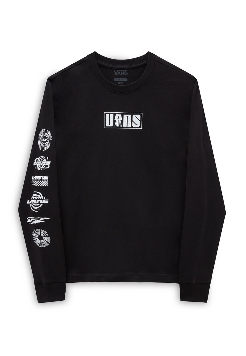 Černé dlouhé rukávy tričko s bílým logem "VANS" na hrudi. Rukávy zobrazují různé grafické designy. Tkanina vypadá hladce a jemně.
