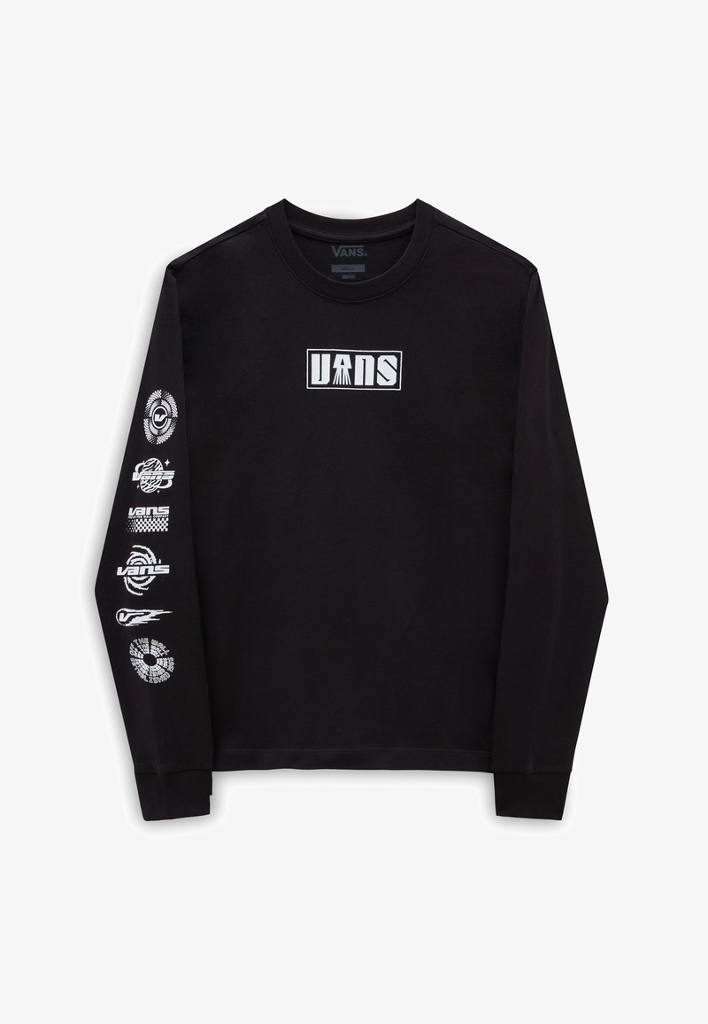 Černé dlouhé rukávy tričko s bílým logem "VANS" na hrudi. Rukávy zobrazují různé grafické designy. Tkanina vypadá hladce a jemně.