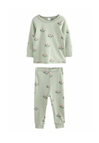 Žalias pižamų rinkinys, sudarytas iš ilgomis rankovėmis viršaus ir leggingų, puošti gėlių raštu rožinės ir mėlynos spalvų atspalviais, pagamintas iš minkštos medvilnės.