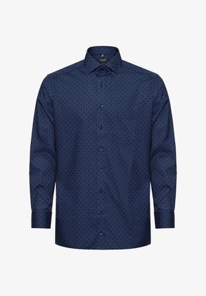 Marineblaue Langarmbluse mit geometrischem Muster, Button-Down-Kragen und blauen Knöpfen, aus leichtem Baumwollstoff gefertigt.