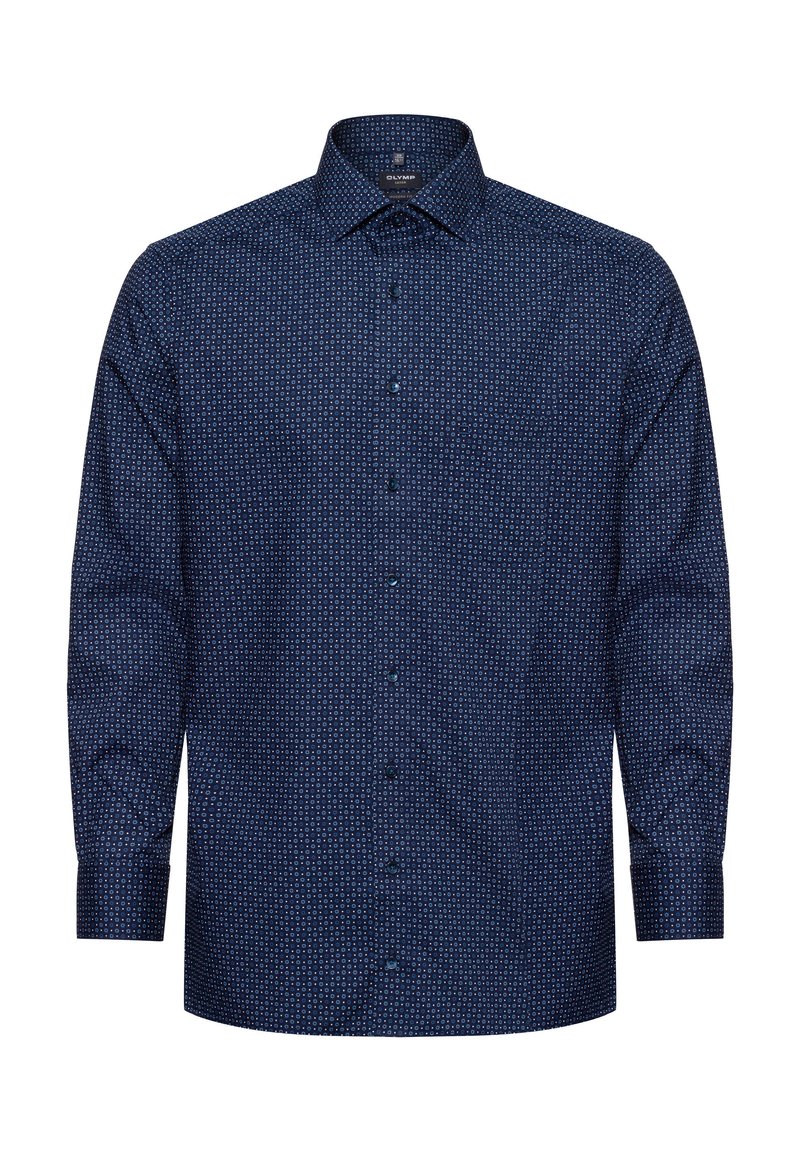 Camicia a maniche lunghe navy con motivo geometrico, colletto button-down e bottoni blu, realizzata in morbido cotone leggero.