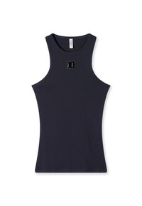 Marinefarbener Tanktop aus weichem Stoff mit einer körperbetonten Passform. Verfügt über einen kleinen schwarzen gestickten Buchstaben "D" auf der Vorderseite.