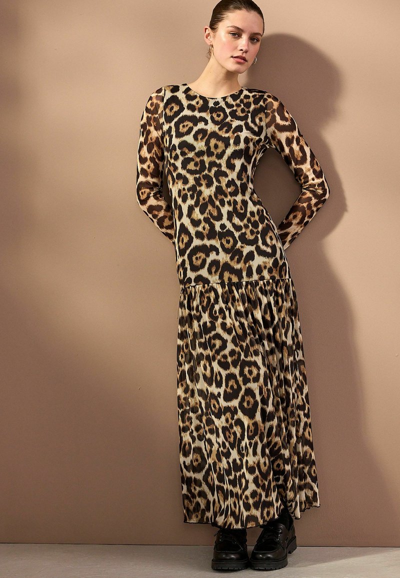 knee length dresses for ladies Ruffle Sleeve Leopard Maxi Dress  Riah Fashion