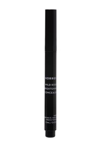 Tubo di correttore cilindrico nero con applicatore a torsione. Etichetta in bianco "Korres Wild Rose Brightening Concealer." Capacità: 1,5 mL.