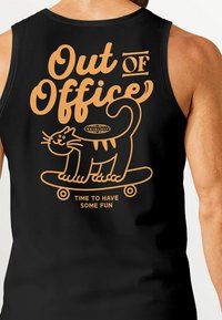 Black tank top features orange graphic text: "Out Of Office" with a cartoon cat on a skateboard. Text includes "Time to have some fun."