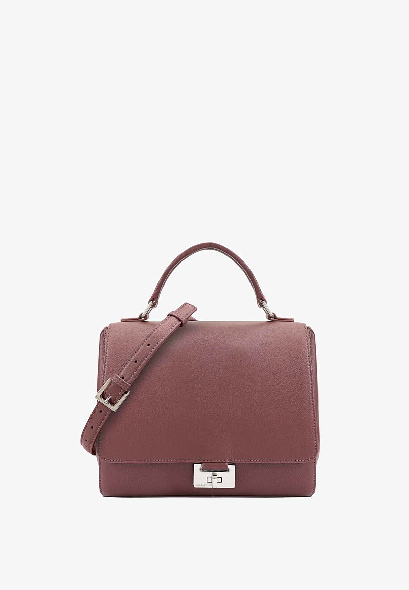 Gestructureerde handtas van bordeauxleer met een afneembare schouderband, bovenhandvat en zilverkleurige metalen sluiting voor extra detail.